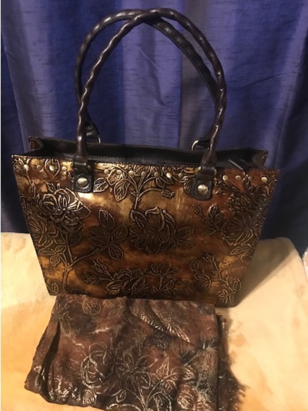 Patricia Nash Brown Floral Tooled Leather Tote with Matching Scarf